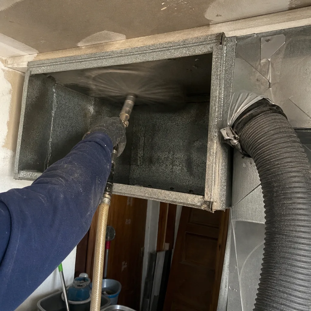 Technician performing professional air duct cleaning service with specialized vacuum equipment