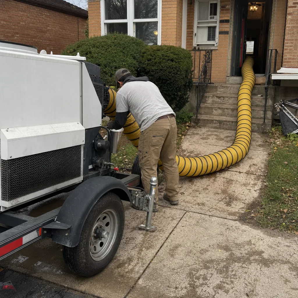 Technician using professional air duct cleaning equipment at a residential home