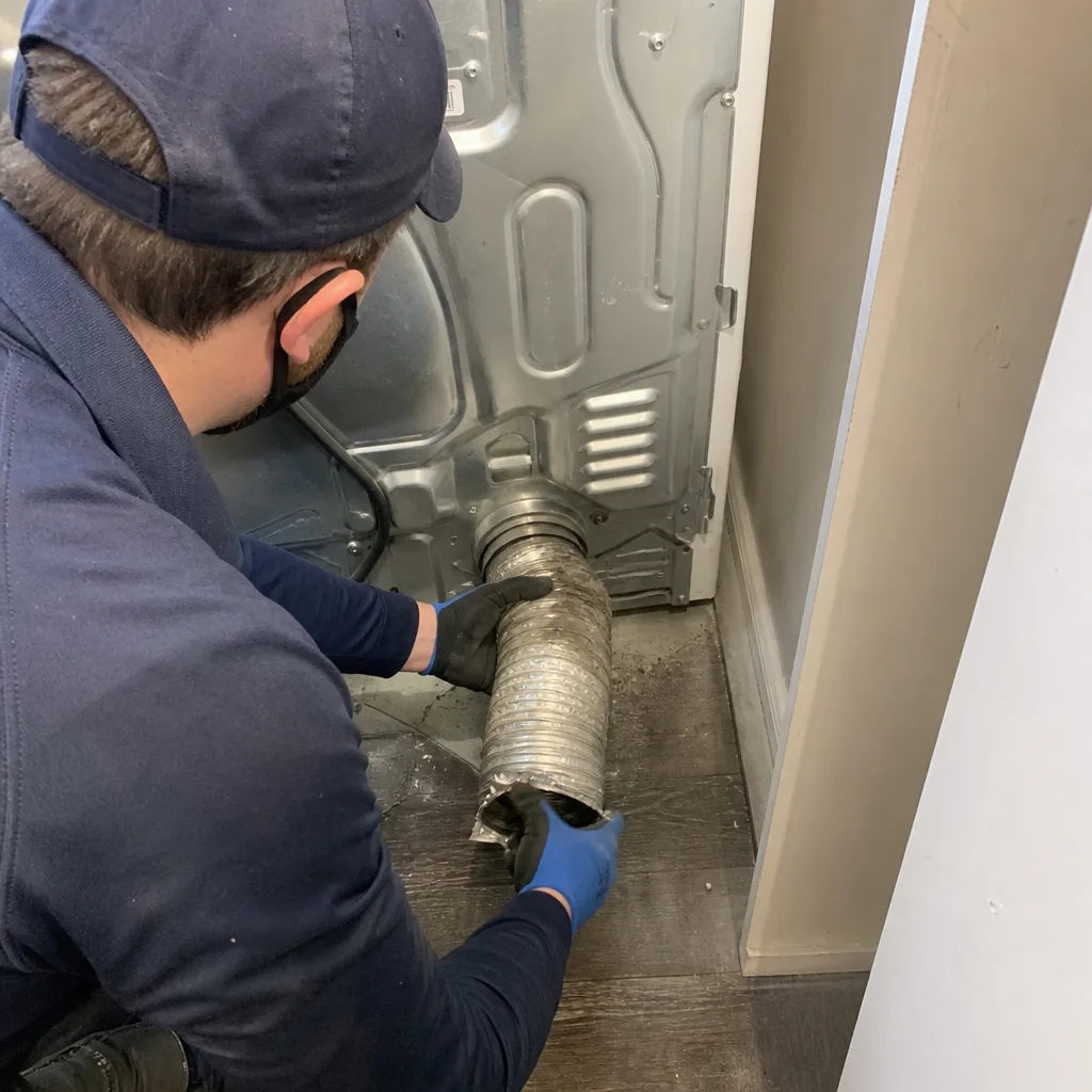 Technician performing professional dryer vent cleaning service