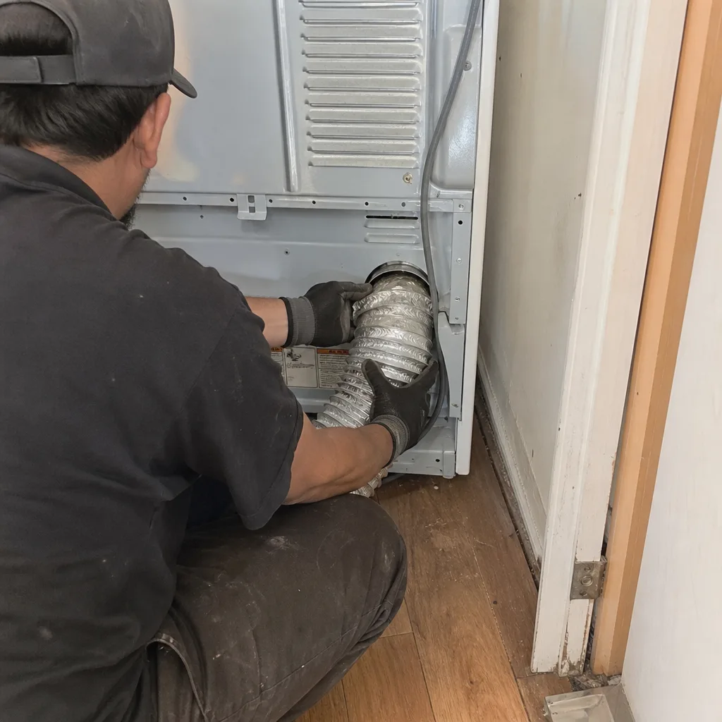 Technician attaching a flexible metal dryer vent hose to a dryer unit
