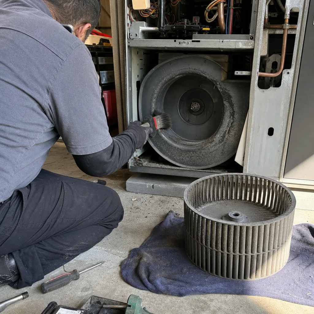 Technician performing professional HVAC system maintenance and air duct cleaning