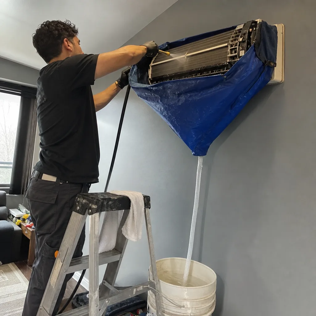 Professional technician performing deep cleaning on wall-mounted HVAC unit